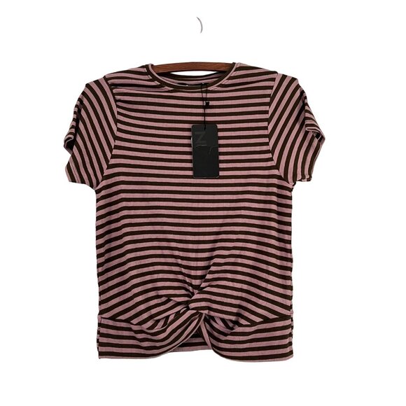 NUON Pink Green Striped Ribbed Short Sleeve Twist Front Top Size Large NEW - Picture 1 of 7
